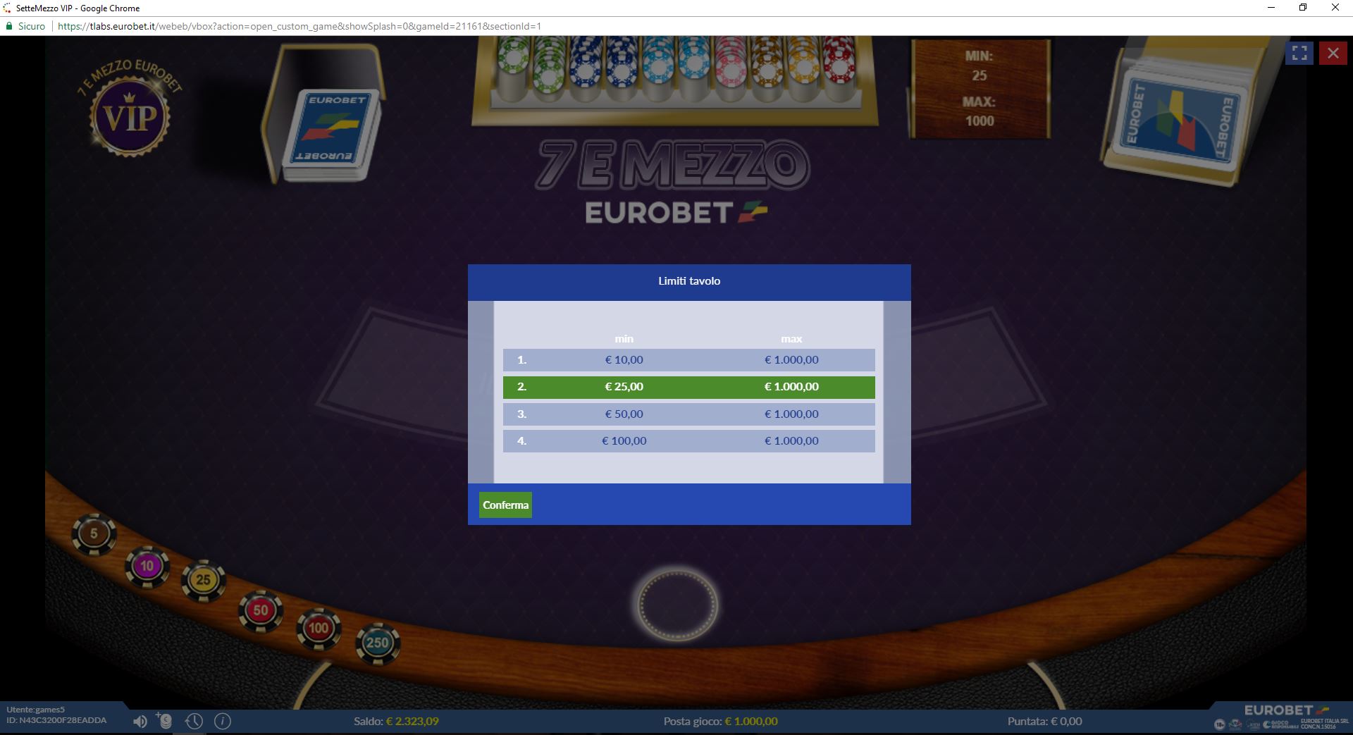Limiti del tavolo - 7 e mezzo VIP